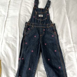 OshKosh Infant Denim Bib Overalls Size 4t Pink Hearts Dark Wash Denim